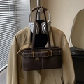 Dark brown suede underarm bag with gold metal buckle and white contrast stitching - No Pendant / Coffee