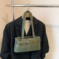 Minimalist sage green leather underarm bag with vintage gold buckle and long strap - No Pendant / Green