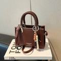 Dark brown leather small square bag with woven handle and beaded charm accessory - Brown