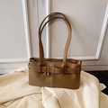 Minimalist tan shoulder bag in matte faux leather with vintage buckle and slim straps - No Pendant / Brown