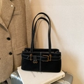 Minimalist black suede shoulder bag with contrast stitching and golden hardware buckle - No Pendant / Black