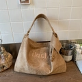 Borsa tote in camoscio cammello scuro con ricamo a girasole e tracolla larga - Cachi