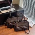 Borse tote grandi e piccole in pelle marrone scuro vintage con tasche con cerniera - Grande / Caffè scuro