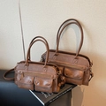 Borse tote vintage in pelle PU marrone in due misure con tasche decorative e doppi cinturini - Grande / Marrone Retrò
