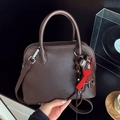Dark brown lychee pattern leather shell handbag with cute bear charm and strap - With Pendant / Brown
