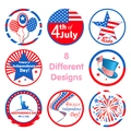 Set of 8 circular Independence Day stickers with stars, stripes and fireworks symbols - Round / Red White and Blue