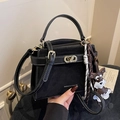 Elegant black suede and leather square handbag with white stitching and dog charm - Black with Pendant
