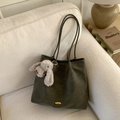 Deep green large tote bag in matte leather texture with golden buckle and rabbit charm - Green (With Plush Pendant)