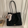 Black suede tote bag with golden hardware and a cute grey plush rabbit charm - Black (With Plush Charm)