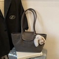 Dark brown suede tote bag with shoulder strap and plush rabbit charm detail - With Charm / Dark Coffee