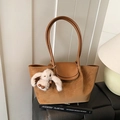 Brown suede tote bag with a cute plush rabbit pendant and minimalist flap design - With Charm / Brown