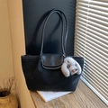 Large black suede tote bag with leather strap and plush rabbit charm accessory - With Charm / Black
