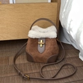 Brown suede bucket bag with white faux fur trim and gold twist lock for autumn - Brown