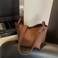 Brown litchi grain leather bucket bag with white contrast stitching and adjustable strap - Brown No Pendant