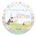 Round Happy Easter labels featuring detective rabbit and chick with colorful egg hunt design - Diameter 38mm / Colorful