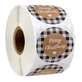 Roll of Merry Christmas stickers with black and white buffalo plaid borders - Image Color * 1.5 Inches (38mm)