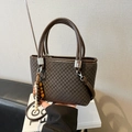 Brown checkered handbag with twin handles, long strap and decorative beads - Brown