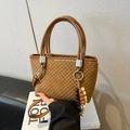 Brown checkered handbag with double handles and decorative wooden bead tassel detail - Brown
