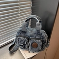 Retro washed blue denim crossbody bag with multiple pockets and adjustable strap - Vintage Blue