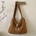 Brown plush crossbody bag with leopard print strap and horn buckle accent - Brown