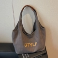 Borsa tote in tela grigio scuro con ricamo GTYLF dorato e manici in pelle marrone - Marrone Scuro