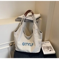Borsa tote in tela bianco sporco con ricamo GTYLF blu e manici in pelle marrone - Bianco Sporco