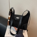 Black suede and leather dumpling bag with beaded charm and silver metal accent - With Wood Pendant Style / Black