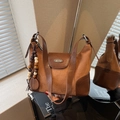 Retro dark brown crossbody bag in frosted suede and leather with wood bead charm - With Wood Pendant Style / Brown