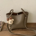Brown faux leather tote bag with cute plush bear charm and adjustable shoulder strap - With Charm / Elephant Gray