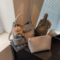 Elephant grey lychee leather bucket bag set with silver lock and teddy bear charm - Elephant Gray with Charm