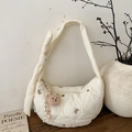 Creamy white quilted crossbody bag with cute bear embroidery and fluffy bear pendant - White with Pendant