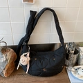 Black quilted crossbody dumpling bag with heart stitching and cute bear embroidery - Black with Pendant