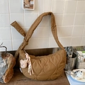 Brown quilted crossbody bag featuring bear embroidery and a plush bear keychain - Brown with Pendant