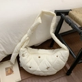 Cream quilted half-moon bag with bear embroidery and thick knotted shoulder strap - White Without Pendant