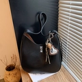 Retro black grain leather crossbody bag with silver heart charm and leopard accessory - Black with Pendant