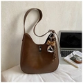Retro dark brown crossbody bucket bag with leopard bow charm and silver buckle - Deep Brown With Charm
