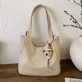 Detail of canvas tote bag with embroidery text and cute plush puppy charm accessory - With Pendant / Khaki