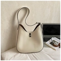 Minimalist cream white leather hobo bucket bag with silver twist lock and smooth strap - White
