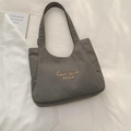 Dark gray canvas tote bag with minimalist C'est lavie print and woven shoulder strap - No Pendant / Dark Brown