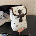 Vertikale beige Cord-Handytasche mit braunen Herz- und Schleifenmustern für Damen - Weiß mit Schleife