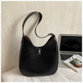 Minimalist black bucket shoulder bag with silver metal clasp and smooth leather finish - Black