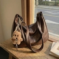Deep brown matte faux leather hobo tote bag with a cute plush bear charm accessory - With Charm / Coffee