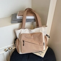 Large canvas tote bag in beige and brown contrast color with multiple utility pockets - Khaki