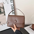 Elegant dark coffee brown faux leather handbag with minimalist flap and round buckle detail - Brown