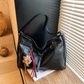 Elegant black PU leather tote bag with white contrast stitching and cute bear charm - With Pendant / Black