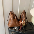 Brown retro PU leather shoulder bag with plush bear charm and star pendant accessory - With Pendant / Brown