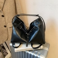 Black leather crescent tote bag with white contrast stitching and silver metal buckles - No Pendant / Black
