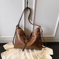 Vintage brown leather hobo shoulder bag with glossy finish and metal buckle detail - No Pendant / Brown