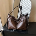 Deep brown fashion tote bag with contrast stitching and metal buckle decoration - No Pendant / Brown