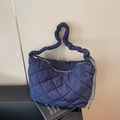 Quilted dark blue tote bag featuring a scrunchie strap and diamond stitching design - Blue